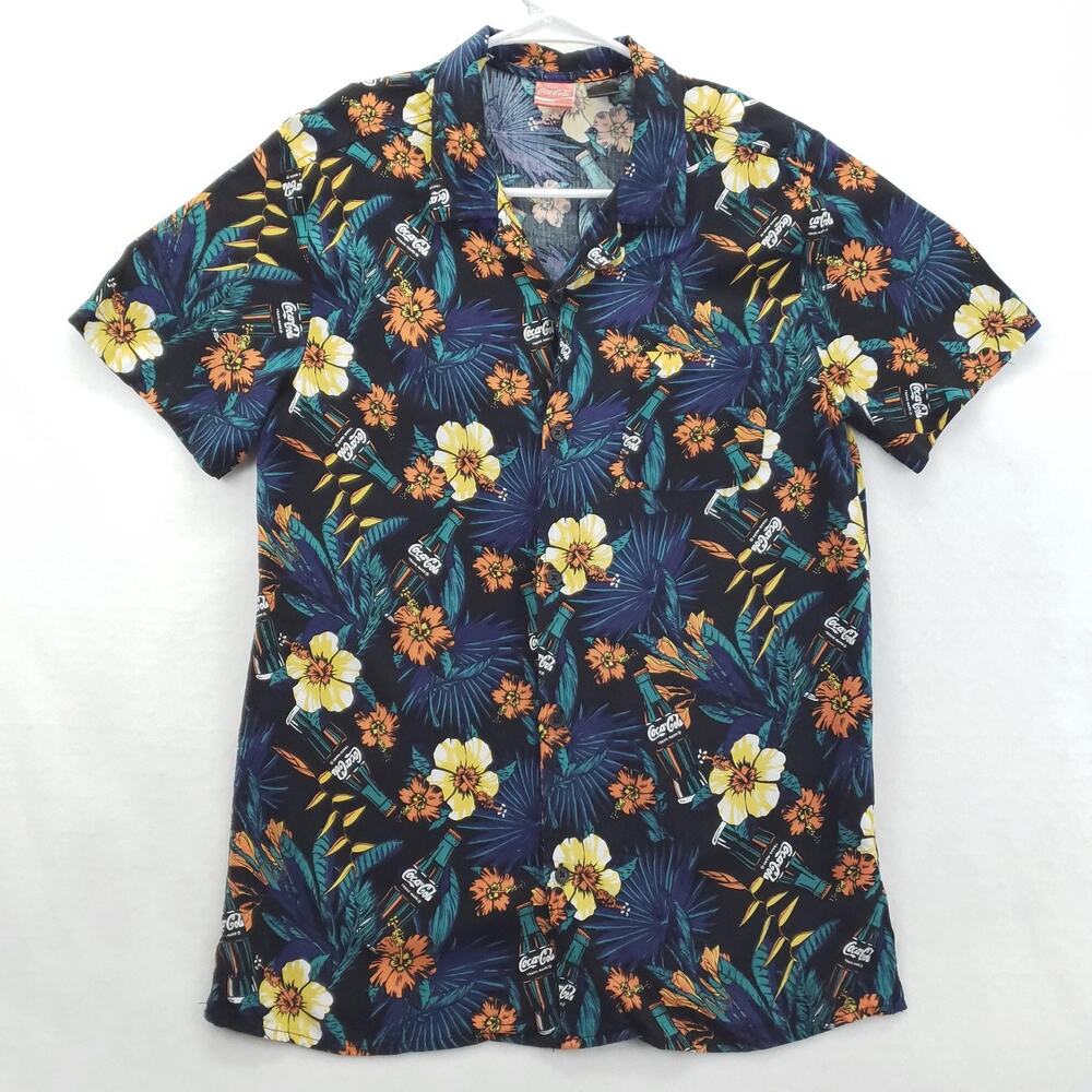 Coca-Cola Shirt Mens Medium Black Hawaiian Floral Button Up Camp Tropical